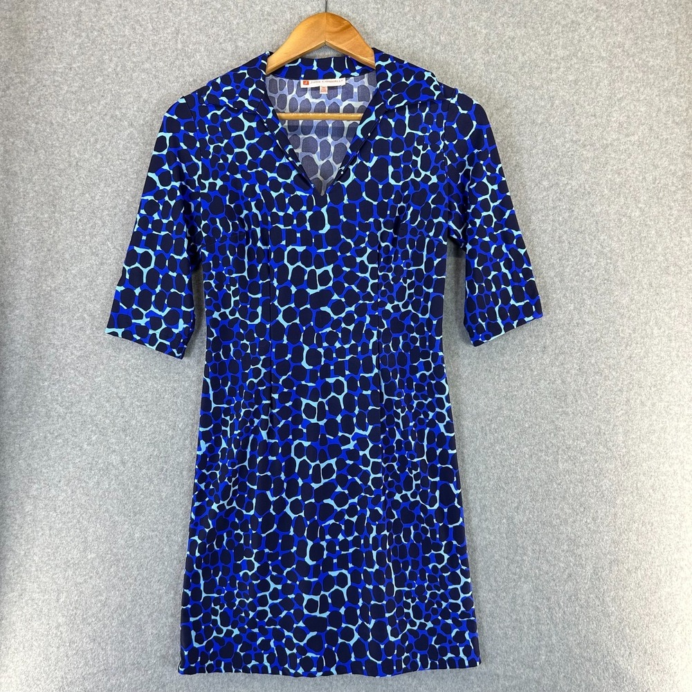 Jude Connally Dress Blue Pebble Print V-Neck Shift Women‎ XXS
